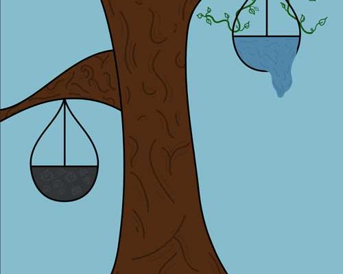 A tree being used as a scale of justice, with the scales being unbalanced with the usage of the tree branches. One scale symbolizes the earth, the other symbolizes how the earth is being affected. It represents how people focus less on the environment.