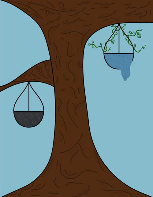 A tree being used as a scale of justice, with the scales being unbalanced with the usage of the tree branches. One scale symbolizes the earth, the other symbolizes how the earth is being affected. It represents how people focus less on the environment.