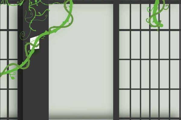 A prison cell with the door open with vines wrapping around the cell. This is to symbolize the prison-to-workforce program that trains incarcerated individuals in green jobs.