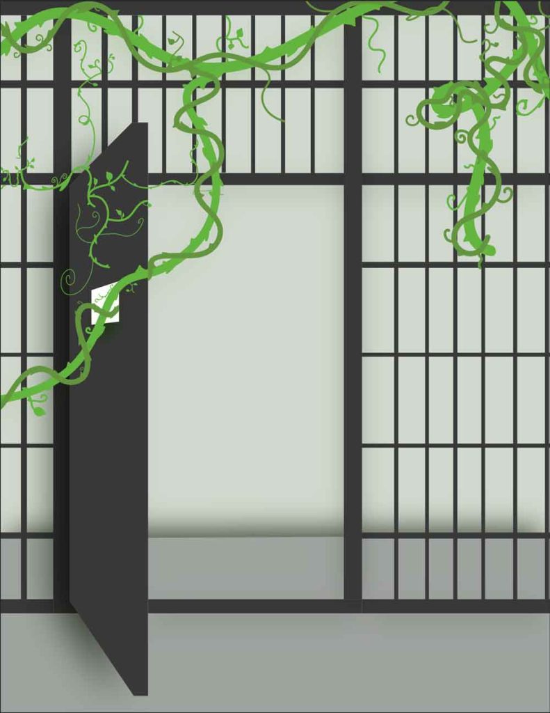 A prison cell with the door open with vines wrapping around the cell. This is to symbolize the prison-to-workforce program that trains incarcerated individuals in green jobs.