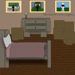 Illustration of a bedroom with moving boxes, a slightly messy bed, and a desk with a flickering lamp. Three picture frames hang on the wall showing the same person at three stages of life: elementary school, living in a foster home, and graduation. A dark cloud appears behind the figure in the first frame, a lighter cloud in the second, and a faint cloud in the third.