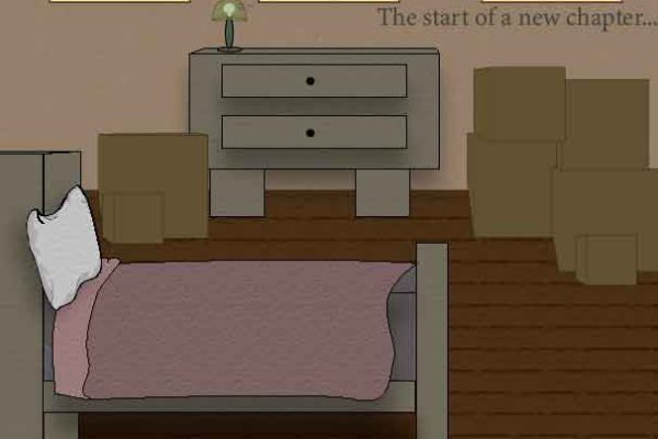 Illustration of a bedroom with moving boxes, a slightly messy bed, and a desk with a flickering lamp. Three picture frames hang on the wall showing the same person at three stages of life: elementary school, living in a foster home, and graduation. A dark cloud appears behind the figure in the first frame, a lighter cloud in the second, and a faint cloud in the third.