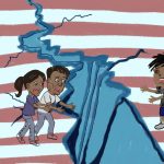 Illustration of an ice split in half, symbolizing family separation. On one side stands distressed parents, and on the other side stands a crying child. The background features red, white.