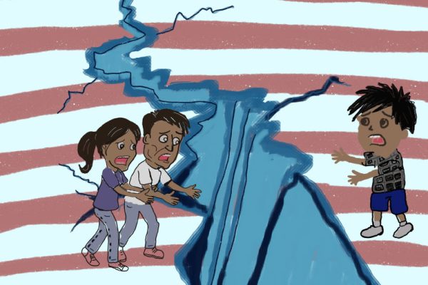 Illustration of an ice split in half, symbolizing family separation. On one side stands distressed parents, and on the other side stands a crying child. The background features red, white.