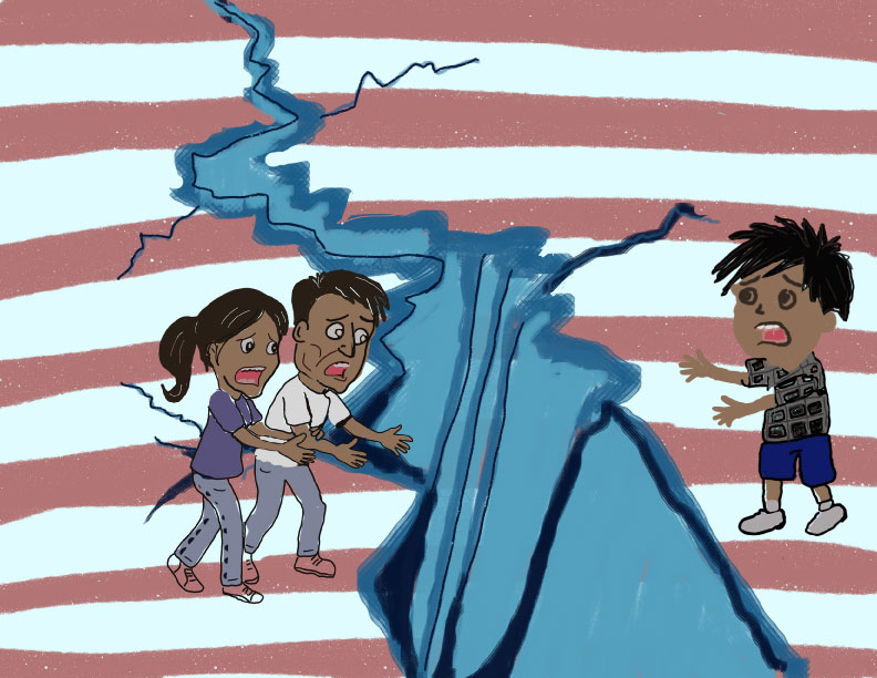 Illustration of an ice split in half, symbolizing family separation. On one side stands distressed parents, and on the other side stands a crying child. The background features red, white.