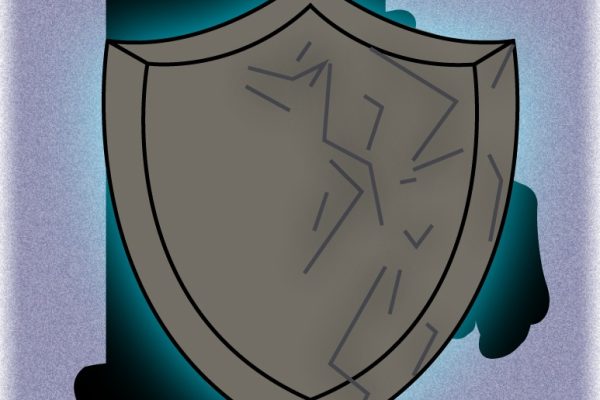 An outline of Rhode Island, with a gray shield glowing blue with cracks on the shield representing breach security.