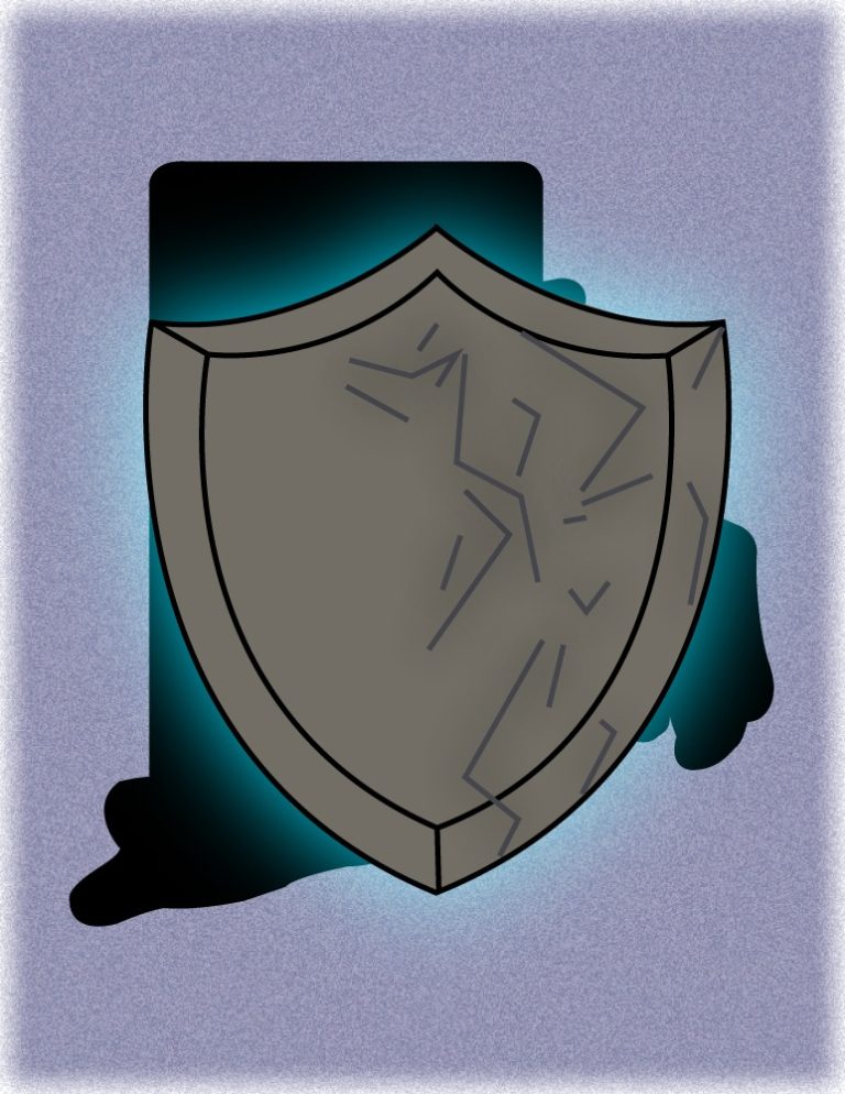 An outline of Rhode Island, with a gray shield glowing blue with cracks on the shield representing breach security.