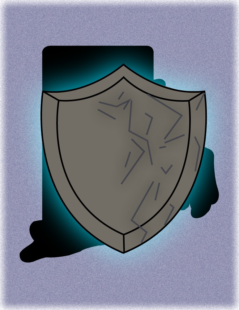 An outline of Rhode Island, with a gray shield glowing blue with cracks on the shield representing breach security.