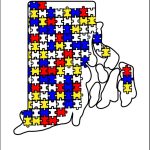 An outline of rhode island with puzzle pieces colored: white, blue, yellow, and red. Representing mental health, laws, community action, and emergency response.