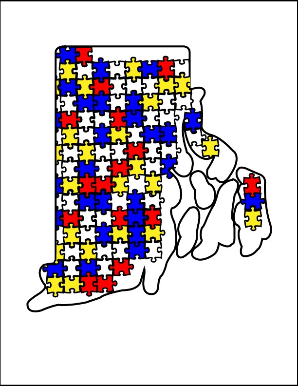 An outline of rhode island with puzzle pieces colored: white, blue, yellow, and red. Representing mental health, laws, community action, and emergency response.